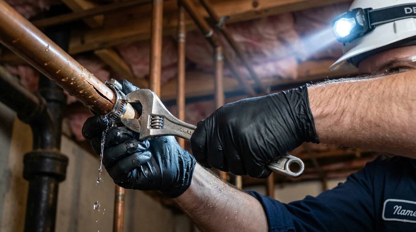 Emergency pipe clamp repair being performed by a Johns Plumbing LLC plumber in Rose Hill