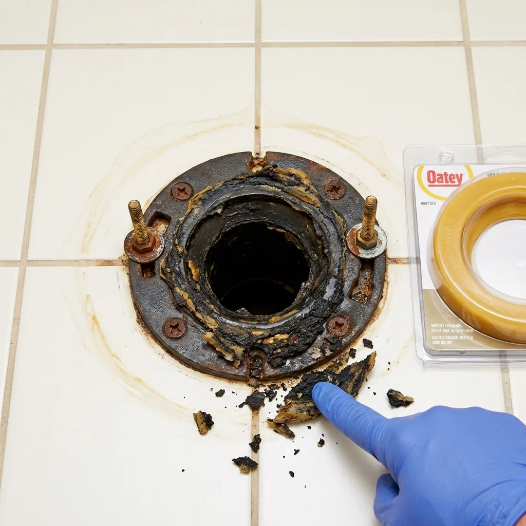 Failed wax ring showing water seepage at the base of a toilet in a Rose Hill, VA home