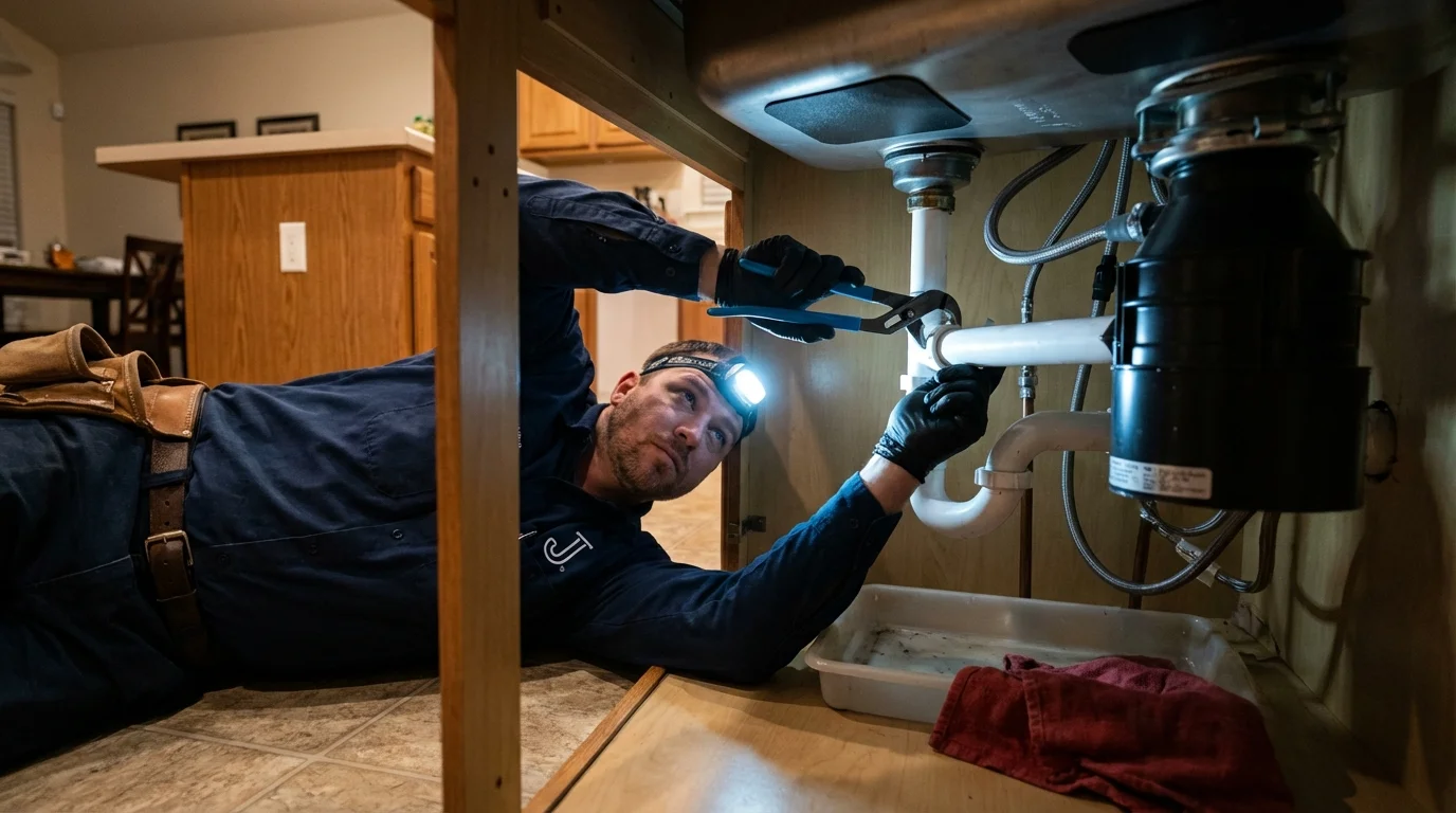 P-trap and supply line connections under a kitchen sink showing a common leak point in Rose Hill, VA